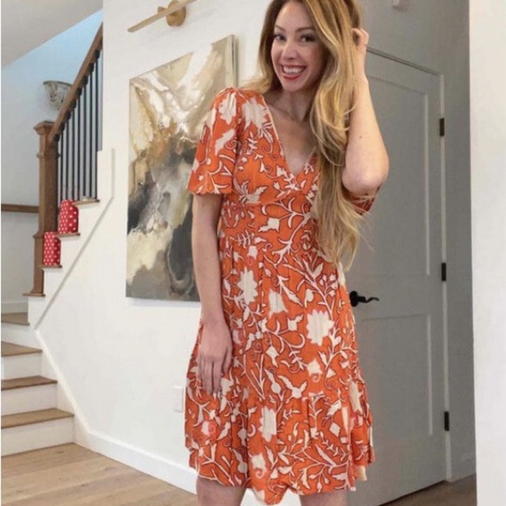 Floral V-Neck Orange Dress